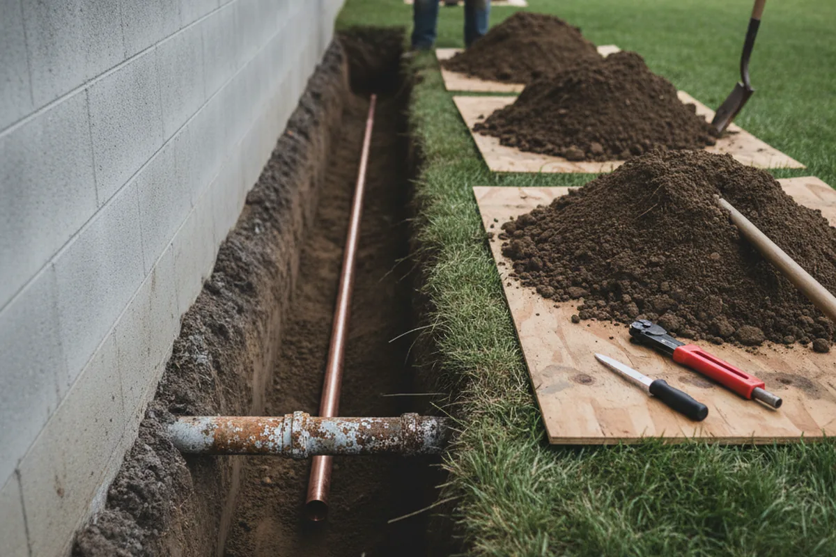 Excavated water line trench during Water Heater Repair in Austin